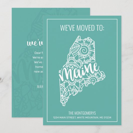Boho Blauwgroen Floral Mandala Maine State Moving Aankondiging (Voorkant / Achterkant)