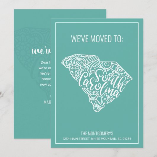 Boho Blauwgroen Floral South Carolina State Moving Aankondiging (Voorkant / Achterkant)