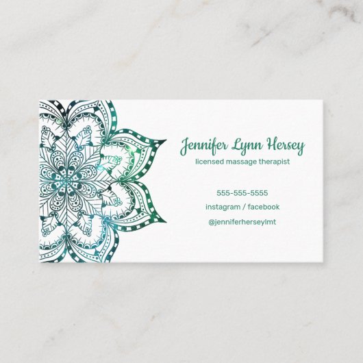 Boho Blauwgroen Mandala Massage Therapy Visitekaartje (Voorkant)