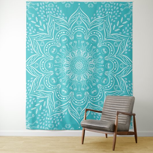 Boho Blauwgroen Mandala Tapestry Wandkleed (In situ)