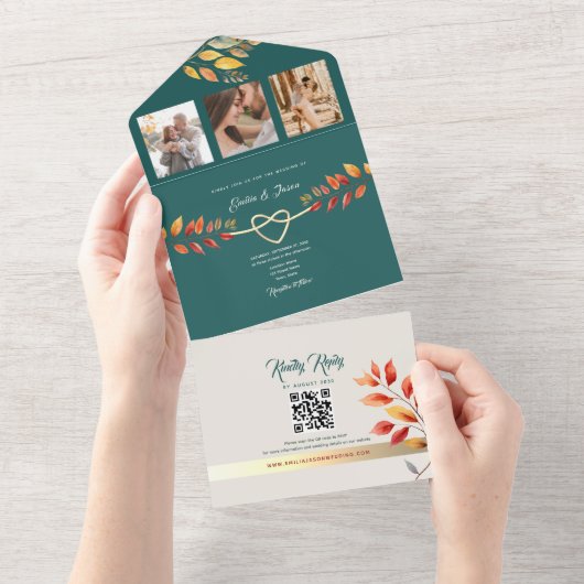 Boho Blauwgroen Oranje herfstbruiloft All In One Uitnodiging (Afscheurbaar)