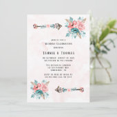 Boho Blauwgroen & Roze Pioen Bloemen Pijlen Bruilo Kaart (Staand voorkant)