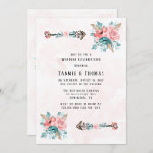 Boho Blauwgroen & Roze Pioen Bloemen Pijlen Bruilo Kaart (Voorkant / Achterkant)