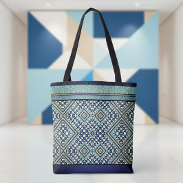 Boho Blauwgroen, Tan, Zwart, Blauw Tribal Tote Bag
