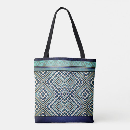 Boho Blauwgroen, Tan, Zwart, Blauw Tribal Tote Bag (Achterkant)