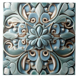 Boho Blauwgroen Turquoise Faux Relief Botanische B Tegeltje