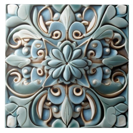 Boho Blauwgroen Turquoise Faux Relief Botanische B Tegeltje (Voorkant)