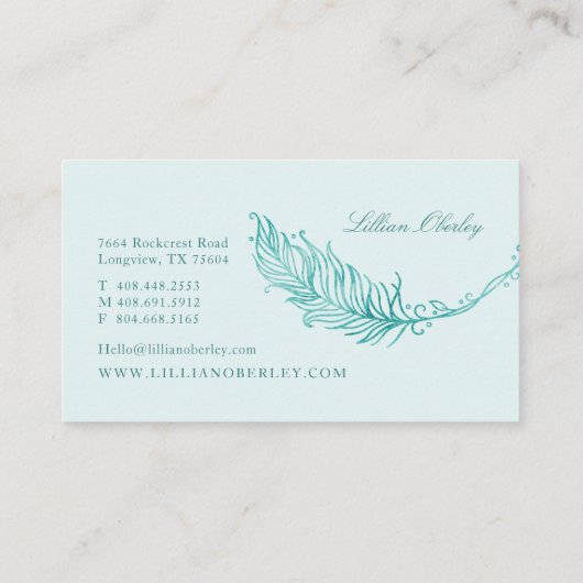 Boho Blauwgroen Waterverf Floral Feather Crest Wre Visitekaartje (Achterkant)