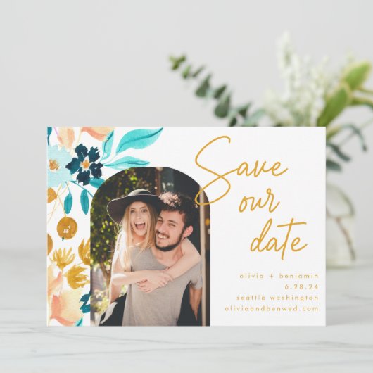 Boho Blauwgroen Waterverf Flowers Foto Weddenschap Save The Date (Staand voorkant)