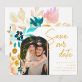 Boho Blauwgroen Waterverf Flowers Foto Weddenschap Save The Date (Voorkant / Achterkant)