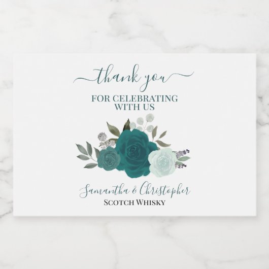 Boho Blauwgroen Waterverf Rozen bruiloft Bedankt M Likeurfles Etiket (Enkel label)