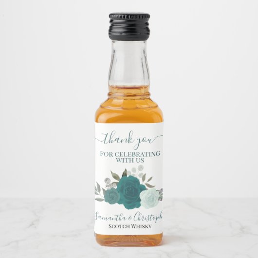 Boho Blauwgroen Waterverf Rozen bruiloft Bedankt M Likeurfles Etiket (Voorkant)
