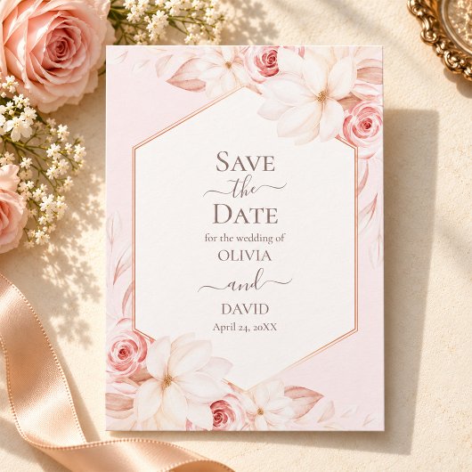 Boho Bleekroze Rozen Save the Date Kaart