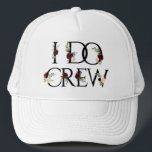 Boho Bling | Bachelorette Bruidsfeestje I Do Crew Trucker Pet<br><div class="desc">Rustic Floral "I Do Crew" Typografie: Rich boho chic hand-schilderde Bourgogne, wazige roze en blauw blauw waterverf bloemboekjes op klassieke zwarte letters die zijn verfraaid door botanische laurel en diepe blauwe accenten. Uit het collectie "Boho Bloom" blijkt dat deze prachtige lay-out een rijke Bohemen-bloemboeket met radiante bloei- en eucalyptusbladbloei bevat....</div>