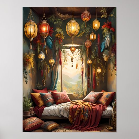 Boho Bliss - esthetische Boheemse slaapkamer Poster (Voorkant)
