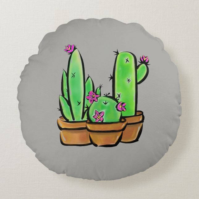 Boho bloeiende Cactus cactussen vetplanten Rond Kussen (Voorkant)