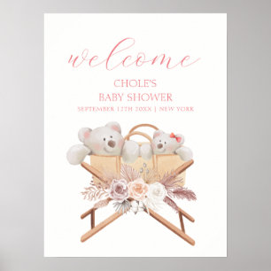 Boho bloem beren wieg meisje baby shower welkom poster
