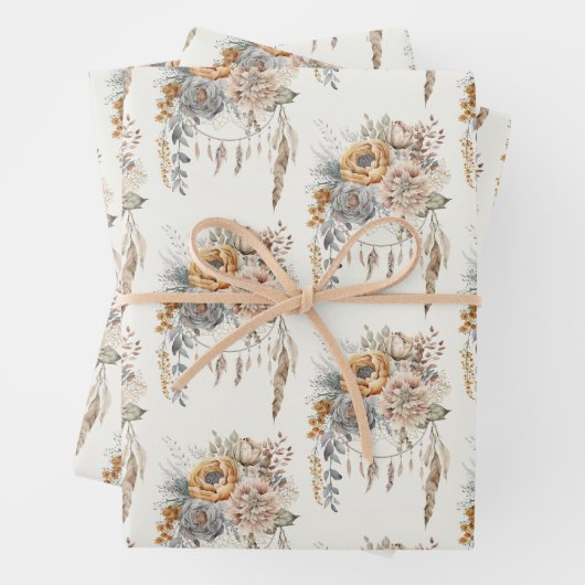 Boho Bloem Boeket en Dreamcatcher Patroon Inpakpapier Vel (In situ)
