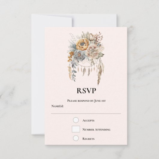 Boho Bloem Boeket in Neutrale Kleuren Trouwen RSVP Kaartje (Voorkant)