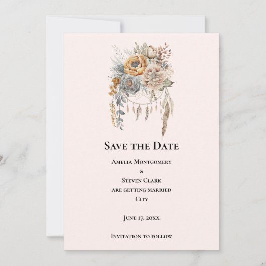 Boho Bloem Boeket in Neutrale Kleuren Trouwen Save The Date (Voorkant)
