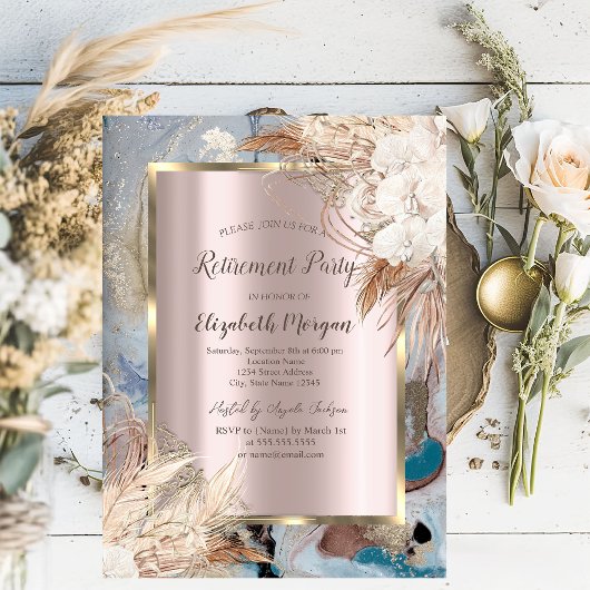 Boho Bloem Gouden Frame, Roze Goud, Marmer Pensioe Kaart