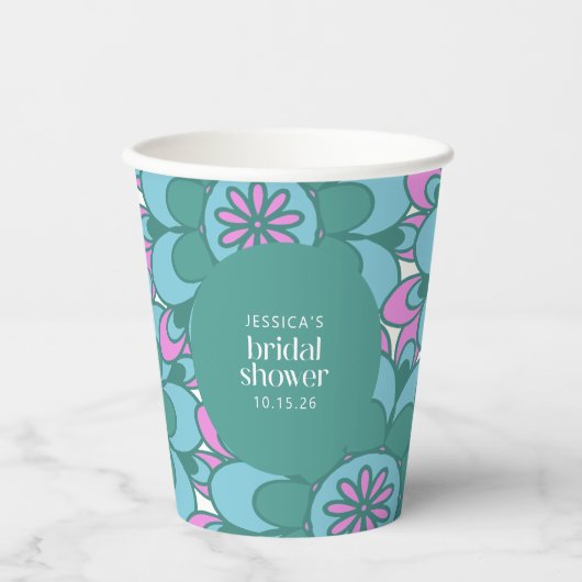 Boho Bloem Groovy Groen Bruiloft Feest Custom Papieren Bekers (Voorkant)
