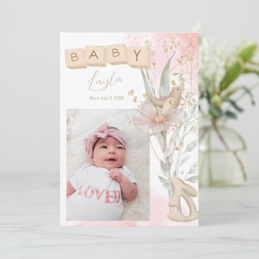 Boho Bloem Houten Blok Spring Baby Aankondiging (Staand voorkant)