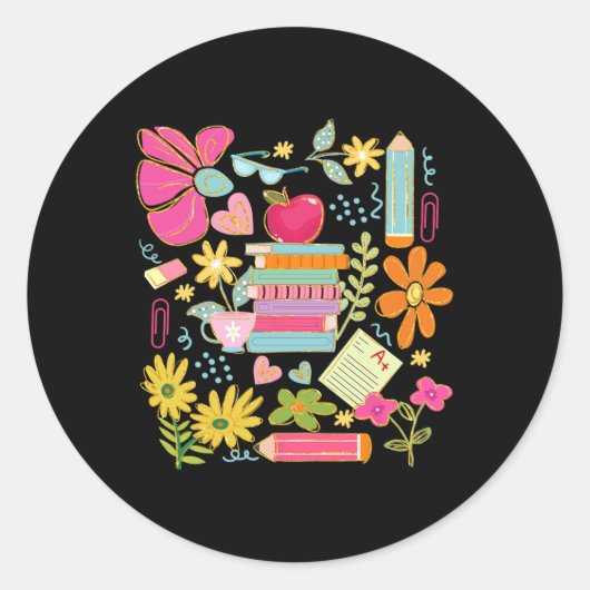 Boho Bloem Leraar Boek Apple Pencil Grappig Terug Ronde Sticker (Voorkant)