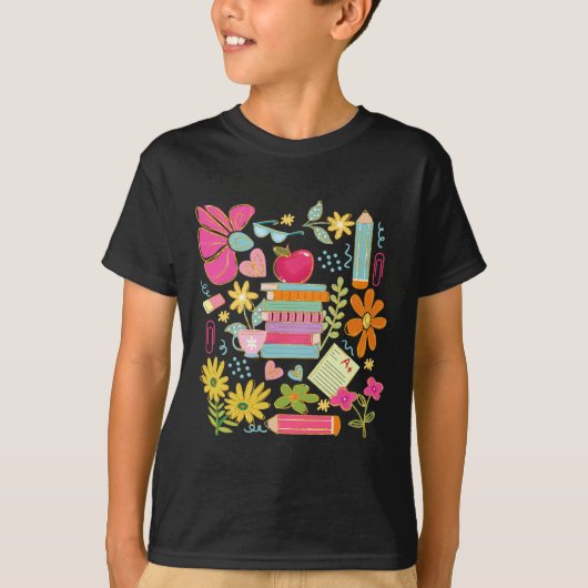 Boho Bloem Leraar Boek Apple Potlood Grappige Rugz T-shirt (Voorkant)