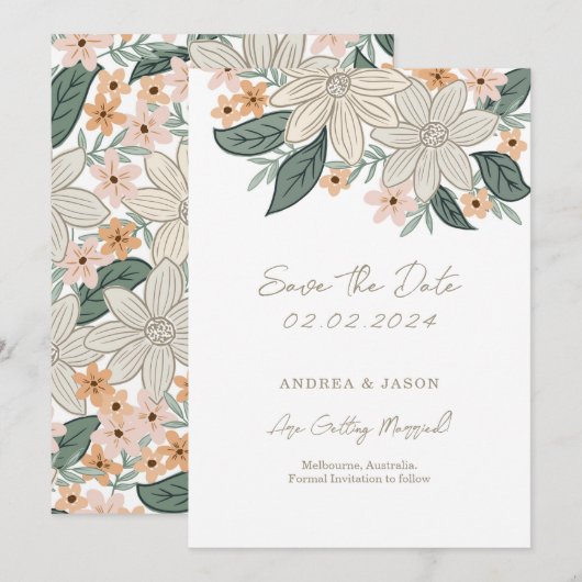 Boho bloem, lijn handgetekende bloem save the date (Voorkant / Achterkant)