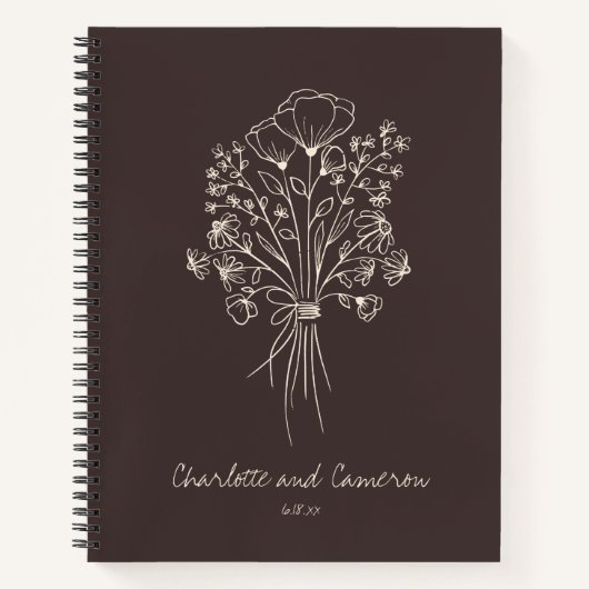 Boho Bloem Lijn Kunst Tekening Bruin Aangepast Huw Notitieboek (Voorkant)