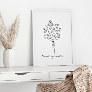 Boho Bloem Lijn Kunst Tekening Persoonlijke Trouwd Poster