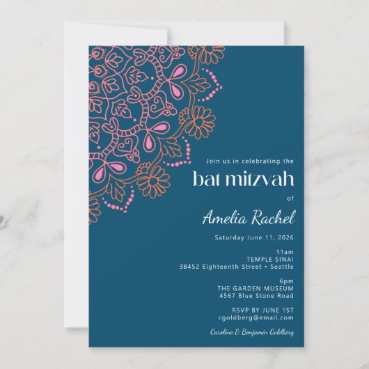 Boho Bloem Mandala Turquoise Blauwe Bat Mitzvah Kaart (Voorkant)