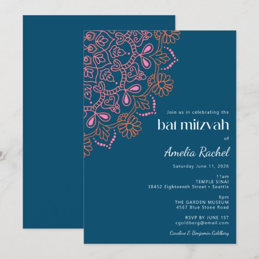 Boho Bloem Mandala Turquoise Blauwe Bat Mitzvah Kaart (Voorkant / Achterkant)