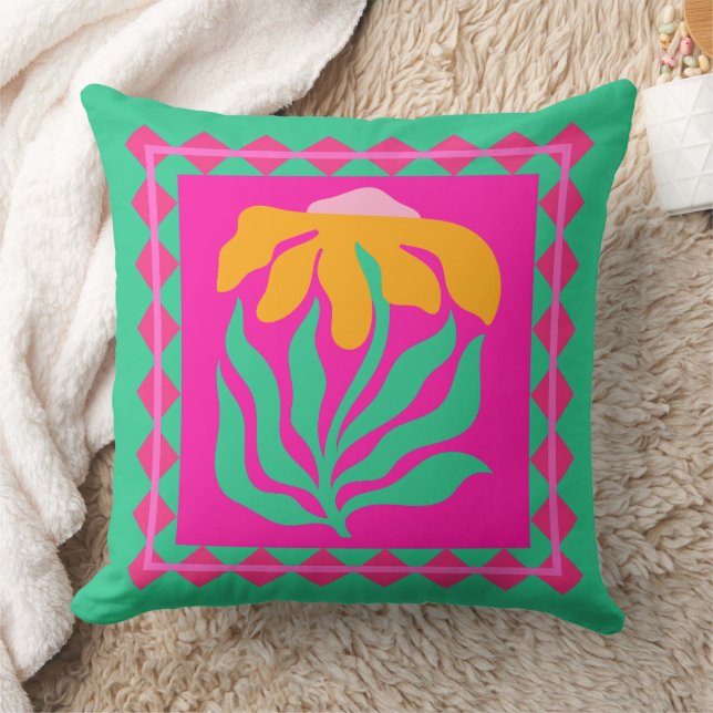 BOHO Bloem op Fuchsia Roze & Groene Retro Bloemstu Kussen (Deken)