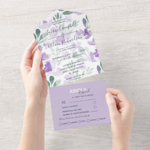 Boho Bloem Paars patroon Watercolor Trouwen All In One Uitnodiging