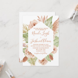 Boho bloem, palm en pampas terracotta bruiloft kaart