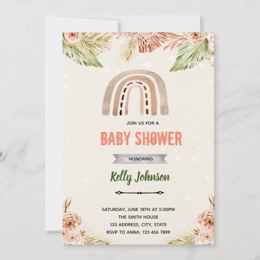 Boho bloem regenboog thema uitnodiging (Voorkant)