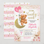 Boho Bloem Roze Beer Uitnodiging Baby Shower (Voorkant / Achterkant)