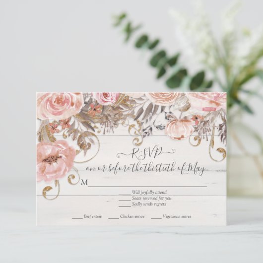 Boho Bloem Roze Roos Rustieke Houten RSVP Reactie (Staand voorkant)