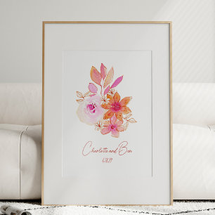 Boho Bloem Roze Waterverf Persoonlijke Trouwdag Poster