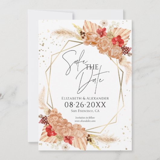 Boho Bloem | Terracotta Huwelijk Save The Date Kaart (Voorkant)