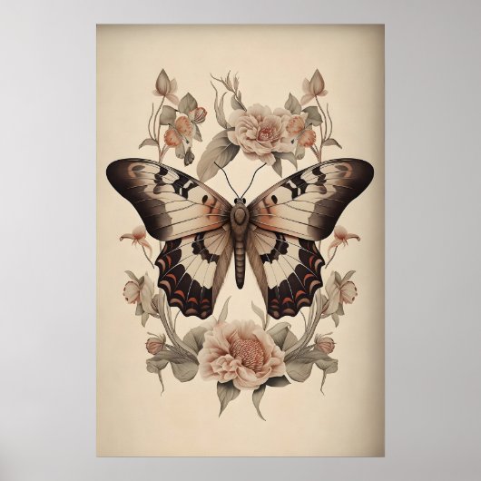 Boho Bloem Vlinder Print, Droevige Vlinder Muur Poster (Voorkant)
