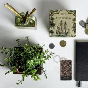 Boho bloem waterverf patroonnaam sinaasappel zwart sleutelhanger