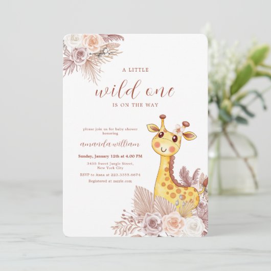 Boho Bloem Wilde Safari Giraffe Baby Borrel Kaart (Staand voorkant)