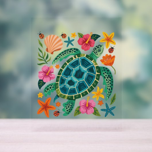 Boho Bloem Zeeschildpad Acryl Bord (Neutraal)