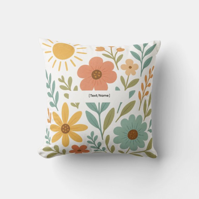 Boho Bloem Zon Kussen | Voeg Tekst/Naam Toe (Voorkant)