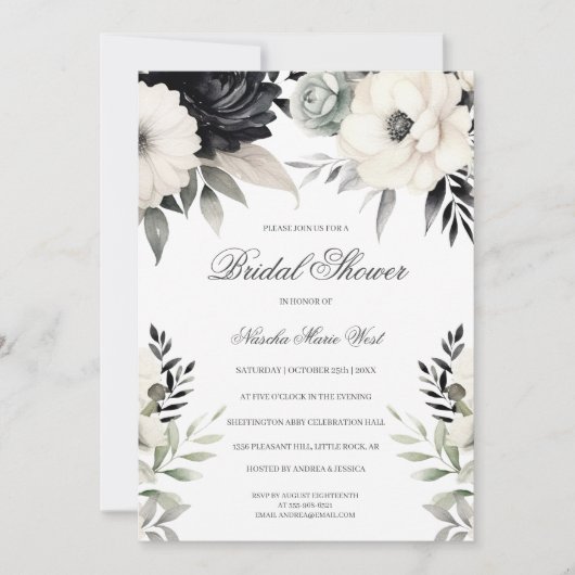 Boho Bloem Zwart Crème Bruidsdouche Kaart (Voorkant)