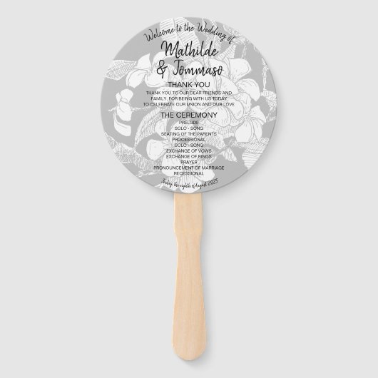 Boho Bloem Zwart Wit Modern Trouwprogramma Handwaaier (Voorkant)