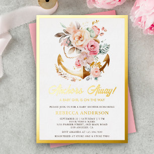 Boho Bloemanker Nautisch Meisje Baby Shower Goud Folie Uitnodiging